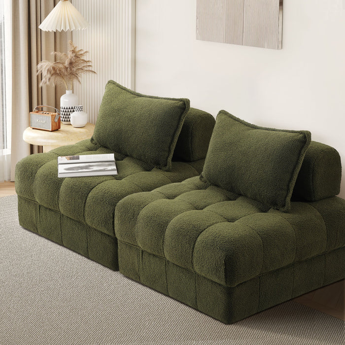 2 Seater Boucle Modular Sofa Lounge Chair Armless Tofu Back Green
