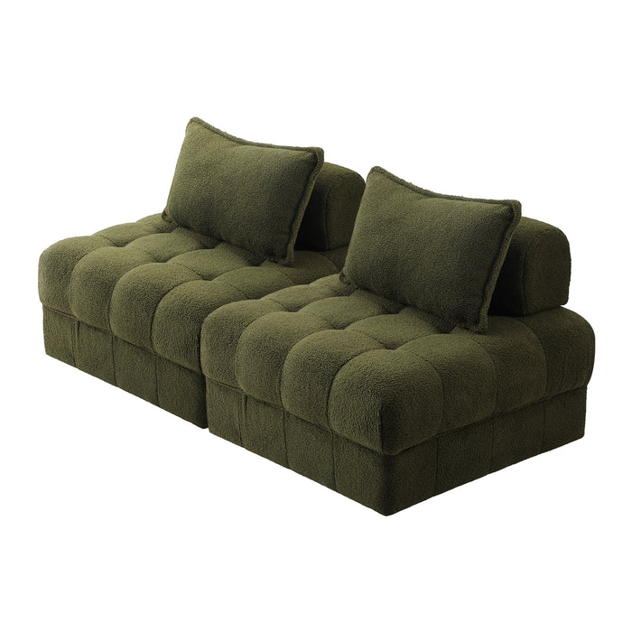 2 Seater Boucle Modular Sofa Lounge Chair Armless Tofu Back Green