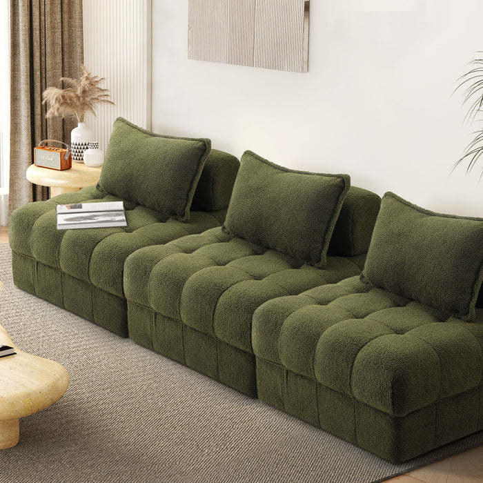 3 Seater Boucle Modular Sofa Lounge Chair Armless Tofu Back Green