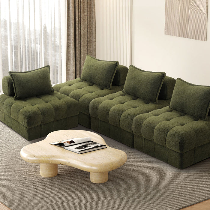 4 Seater Boucle Modular Sofa Lounge Chair Armless Tofu Back Green