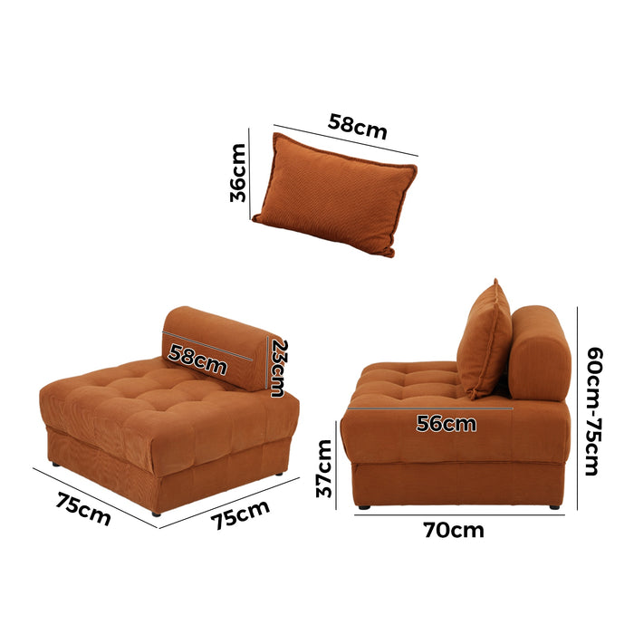 1 Seater Velvet Modular Sofa Lounge Chair Armless Tofu Back Brown