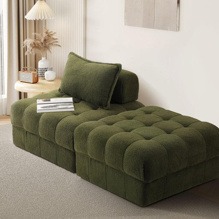 2 Seater Boucle Modular Sofa & Ottoman Set Armless Tofu Back Green