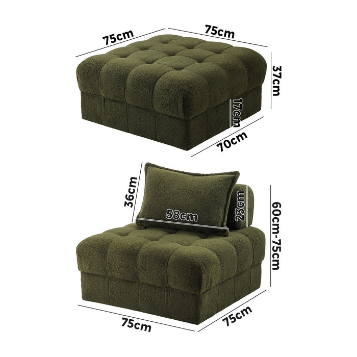 2 Seater Boucle Modular Sofa & Ottoman Set Armless Tofu Back Green