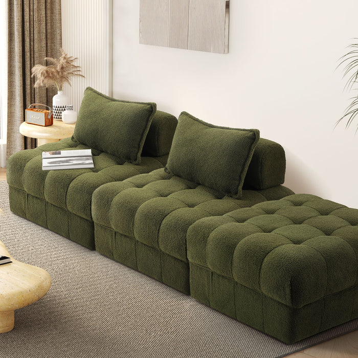 3 Seater Boucle Modular Sofa & Ottoman Set Armless Tofu Back Green
