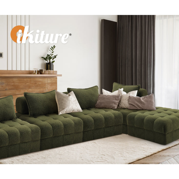 3 Seater Boucle Modular Sofa & Ottoman Set Armless Tofu Back Green