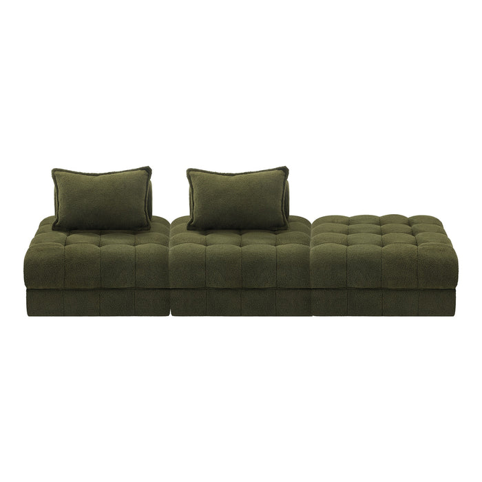 3 Seater Boucle Modular Sofa & Ottoman Set Armless Tofu Back Green