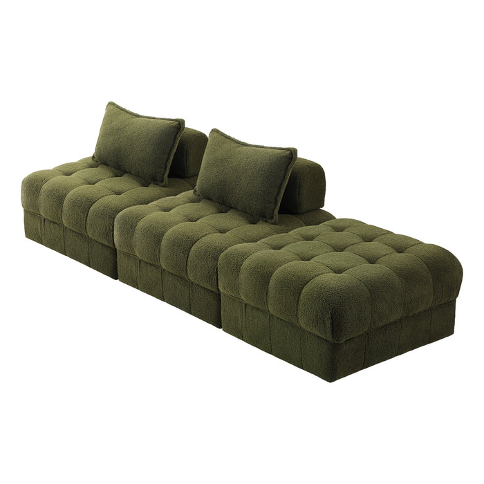 3 Seater Boucle Modular Sofa & Ottoman Set Armless Tofu Back Green