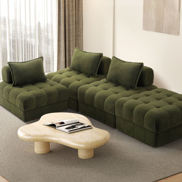 4 Seater Boucle Modular Sofa & Ottoman Set Armless Tofu Back Green