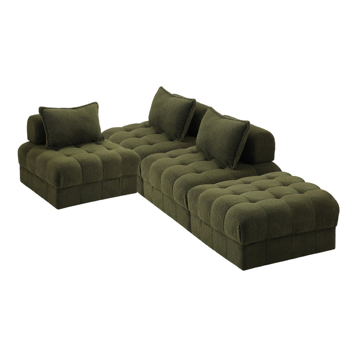 4 Seater Boucle Modular Sofa & Ottoman Set Armless Tofu Back Green