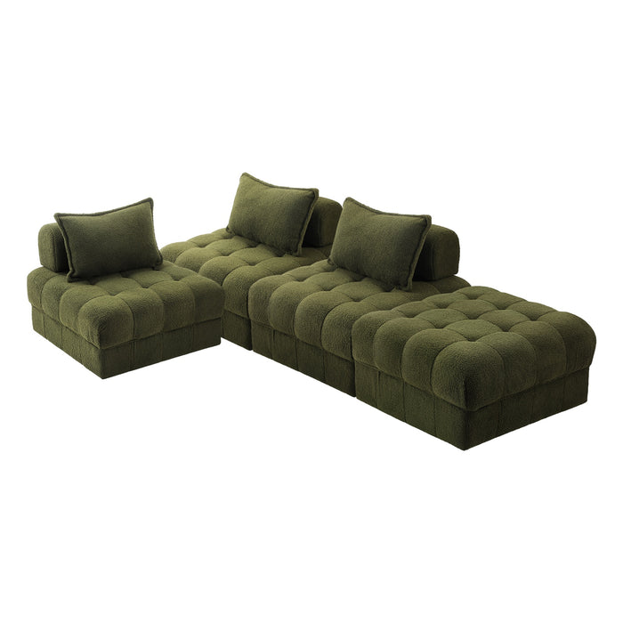 4 Seater Boucle Modular Sofa & Ottoman Set Armless Tofu Back Green