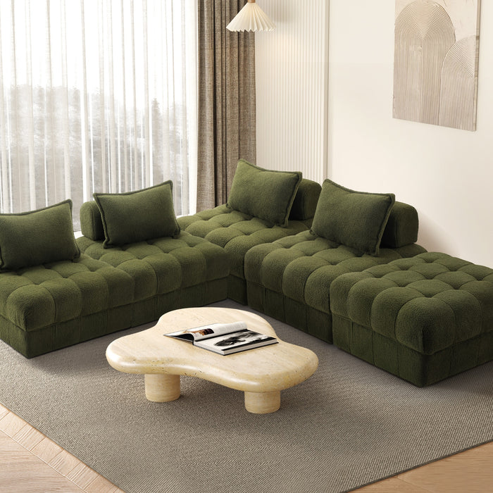 5 Seater Boucle Modular Sofa & Ottoman Set Armless Tofu Back Green