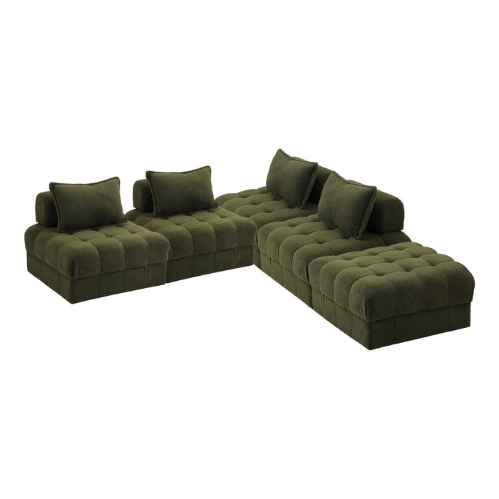 5 Seater Boucle Modular Sofa & Ottoman Set Armless Tofu Back Green