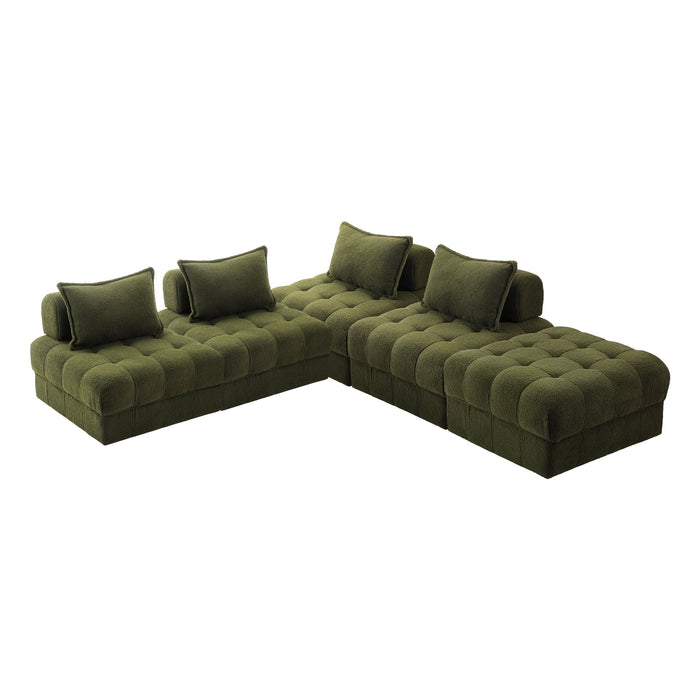 5 Seater Boucle Modular Sofa & Ottoman Set Armless Tofu Back Green