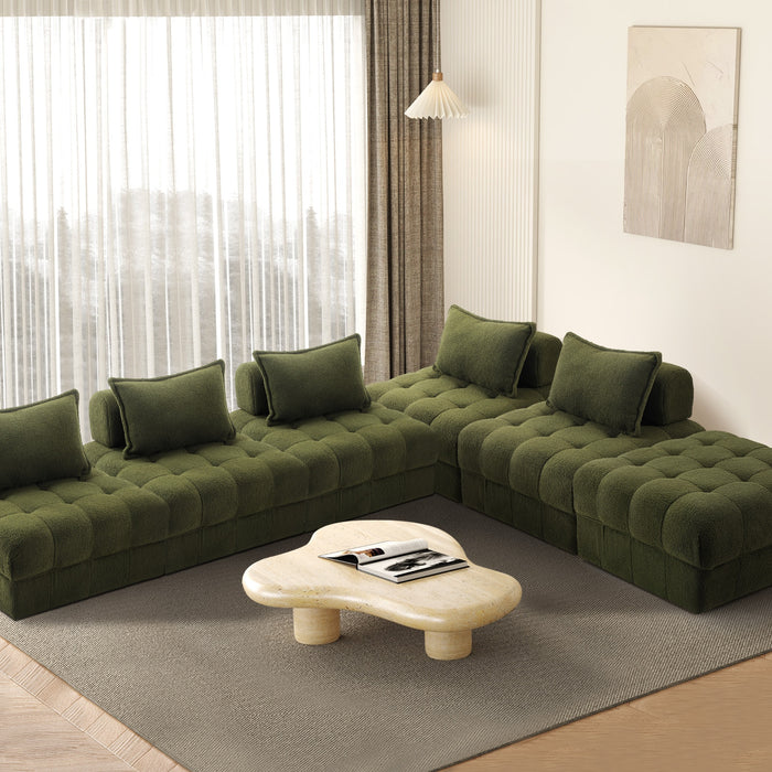 6 Seater Boucle Modular Sofa & Ottoman Set Armless Tofu Back Green