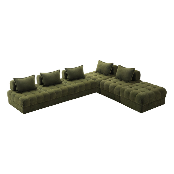 6 Seater Boucle Modular Sofa & Ottoman Set Armless Tofu Back Green