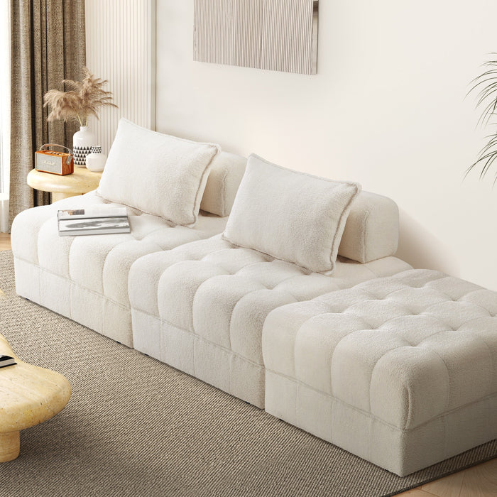 3 Seater Boucle Modular Sofa & Ottoman Set Armless Tofu Back White