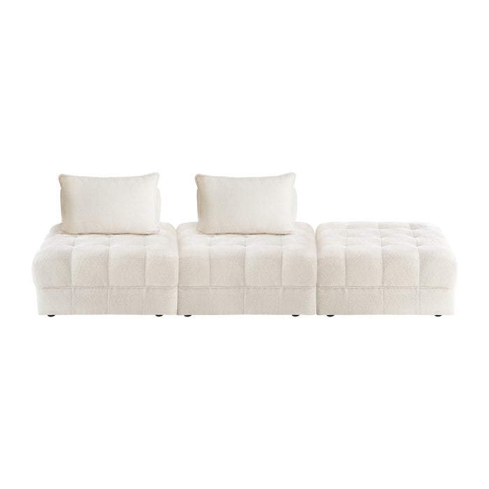 3 Seater Boucle Modular Sofa & Ottoman Set Armless Tofu Back White