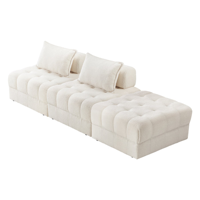 3 Seater Boucle Modular Sofa & Ottoman Set Armless Tofu Back White