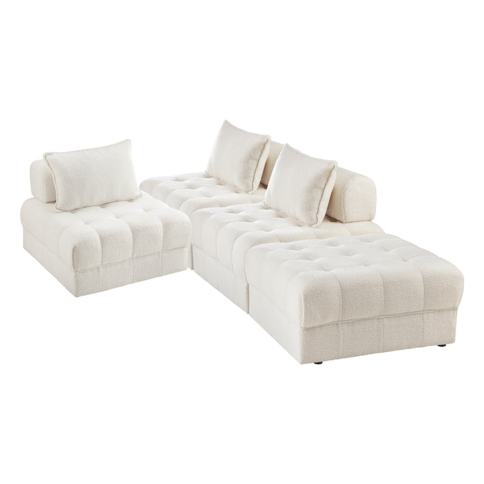 4 Seater Boucle Modular Sofa & Ottoman Set Armless Tofu Back White