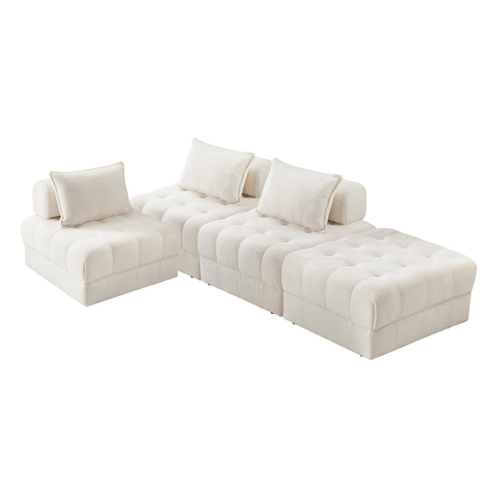 4 Seater Boucle Modular Sofa & Ottoman Set Armless Tofu Back White