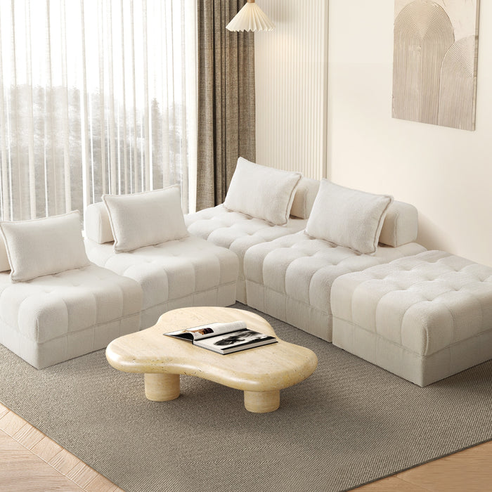 5 Seater Boucle Modular Sofa & Ottoman Set Armless Tofu Back White