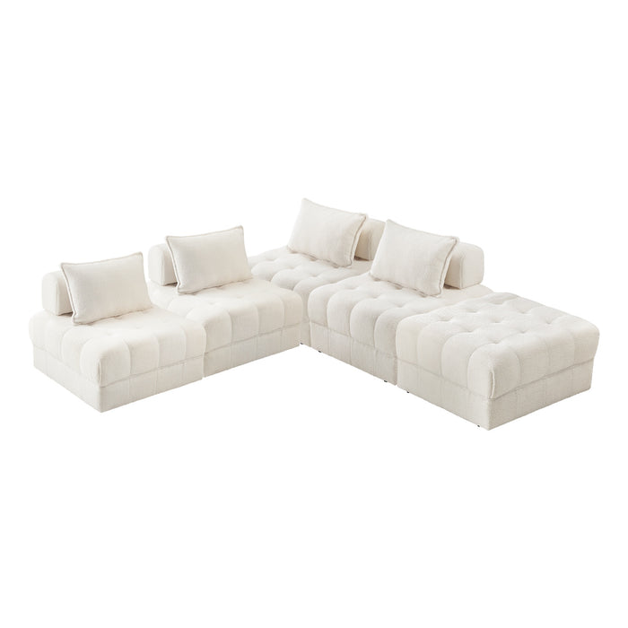 5 Seater Boucle Modular Sofa & Ottoman Set Armless Tofu Back White