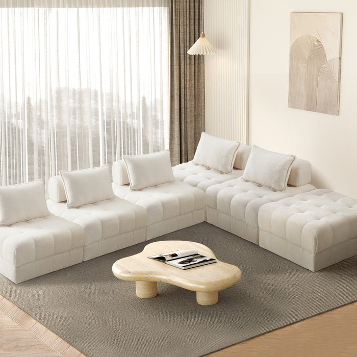 6 Seater Boucle Modular Sofa & Ottoman Set Armless Tofu Back White