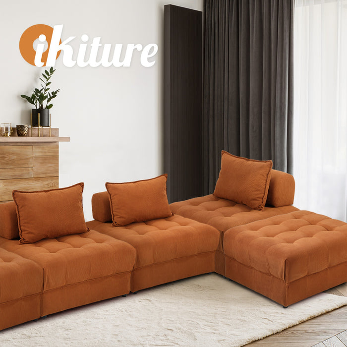 2 Seater Velvet Modular Sofa & Ottoman Set Armless Tofu Back Brown