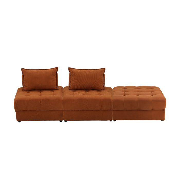 3 Seater Velvet Modular Sofa & Ottoman Set Armless Tofu Back Brown