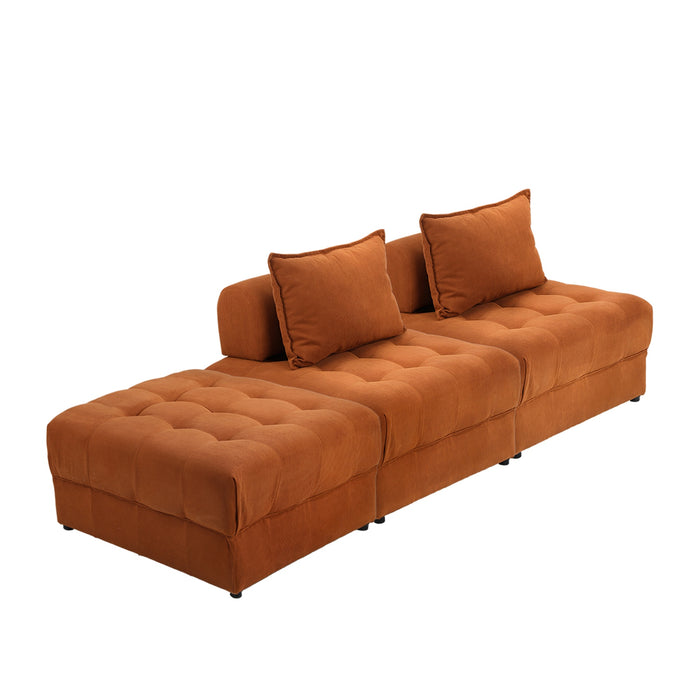 3 Seater Velvet Modular Sofa & Ottoman Set Armless Tofu Back Brown