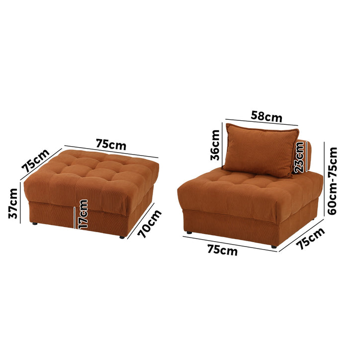 3 Seater Velvet Modular Sofa & Ottoman Set Armless Tofu Back Brown