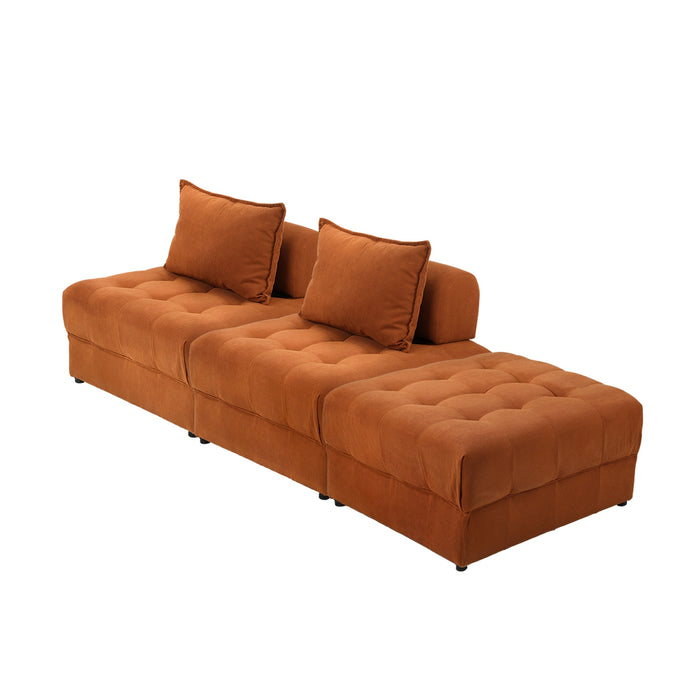 3 Seater Velvet Modular Sofa & Ottoman Set Armless Tofu Back Brown