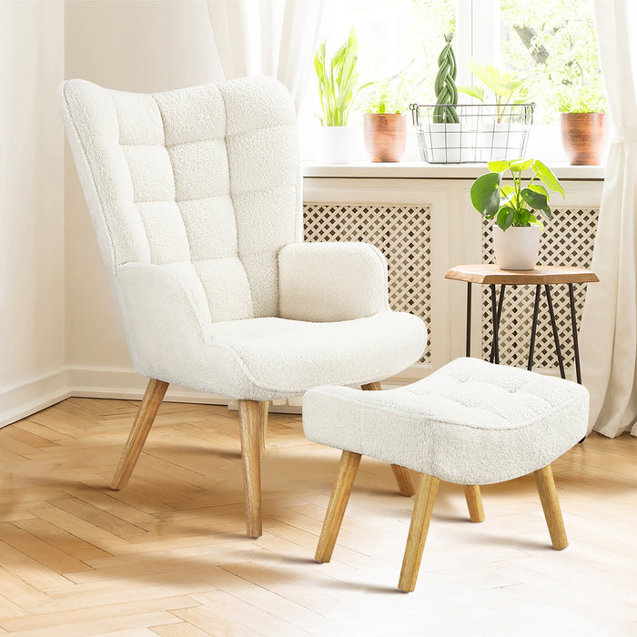 2X Armchair Lounge Chair Ottoman Accent Armchairs Sherpa Sofa White