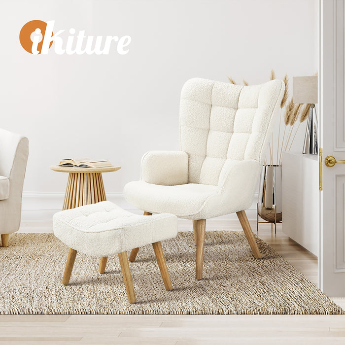 2X Armchair Lounge Chair Ottoman Accent Armchairs Sherpa Sofa White