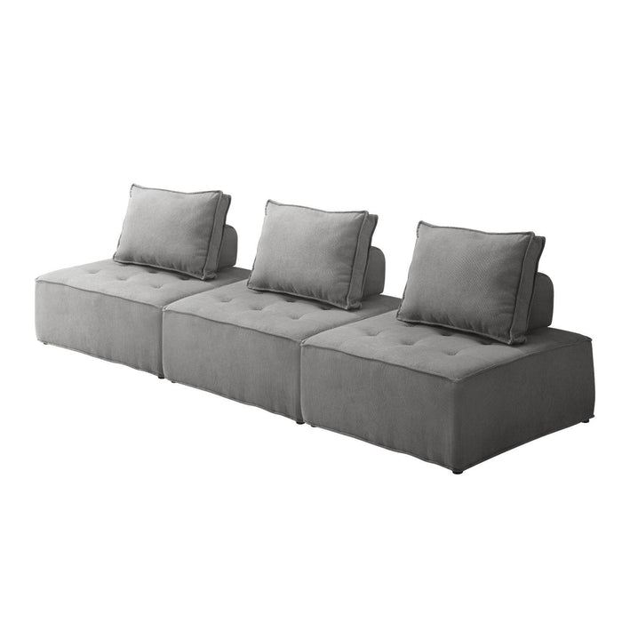 3 Pack Modular Sofa Lounge Chair Armless Tofu Back Linen Fabric Grey
