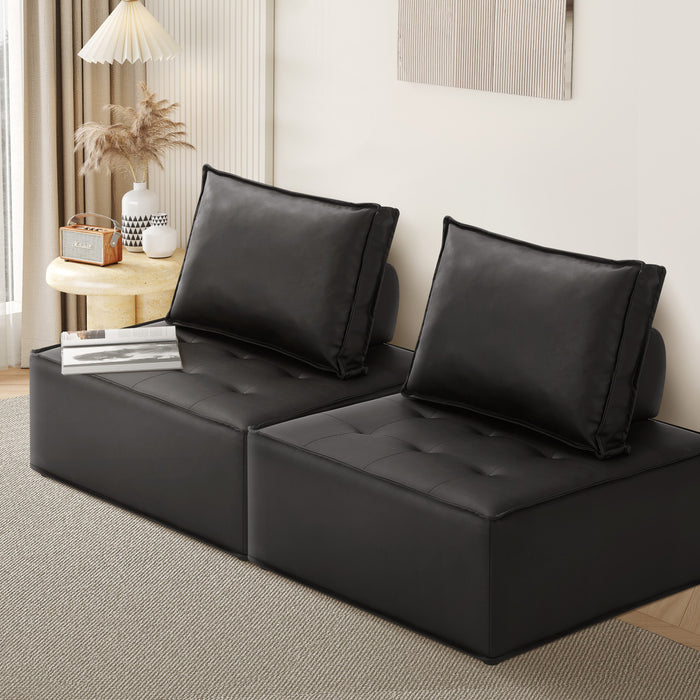 2Pc Modular Sofa Lounge Chair Armless Tofu Back Pu Leather Black