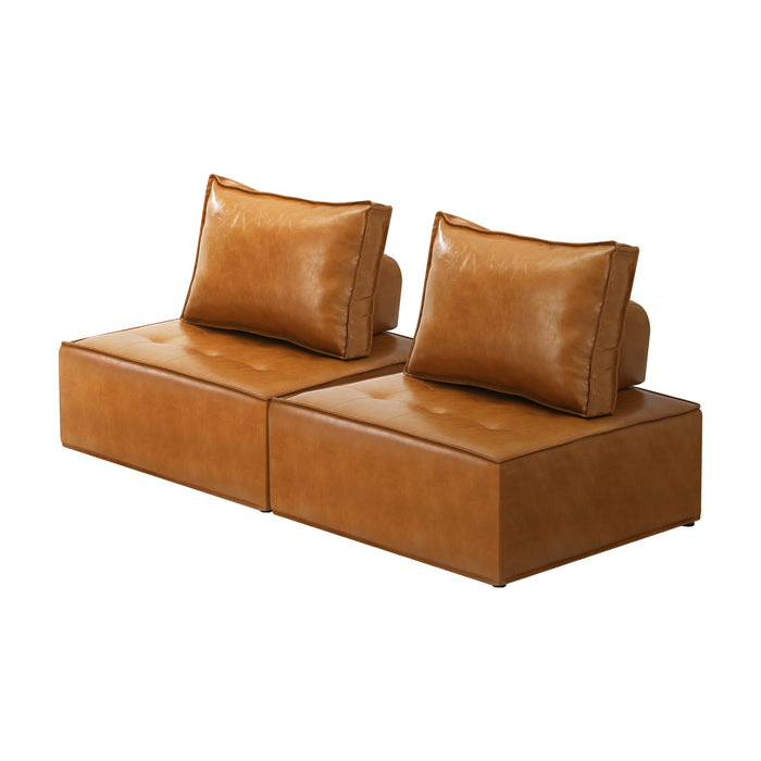 2 Pack Modular Sofa Lounge Chair Armless Tofu Back Pu Leather Fabric Brown