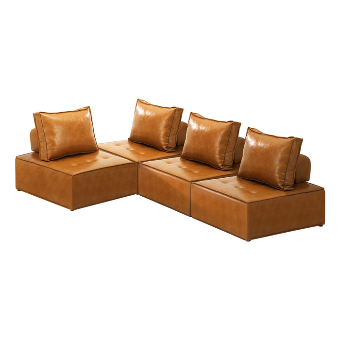 4Pc Modular Sofa Lounge Chair Armless Tofu Back Pu Leather Brown