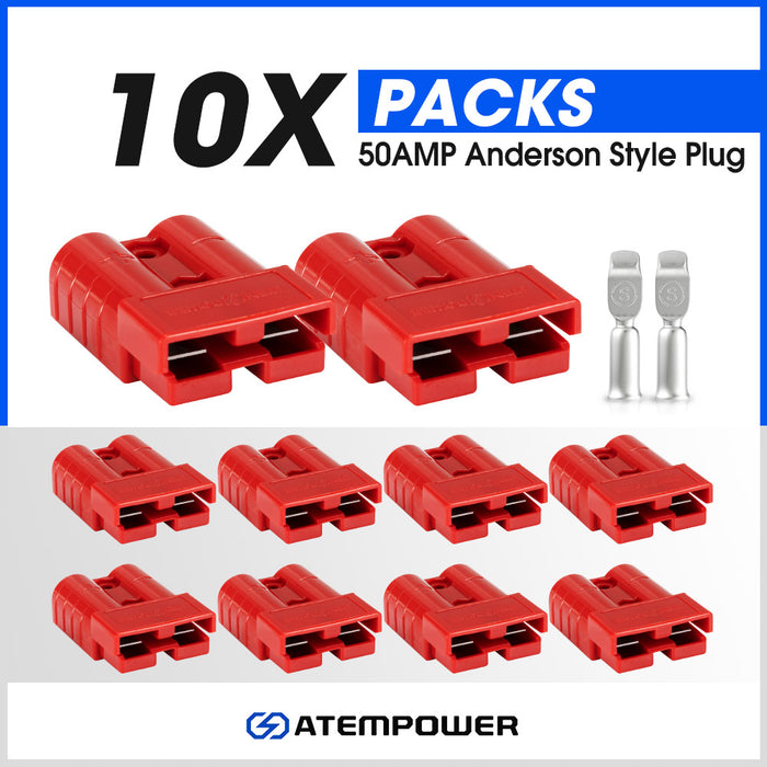 10Pcs Red Anderson Style Plug Connectors 50 Amp 12-24V 6Awg Dc Power