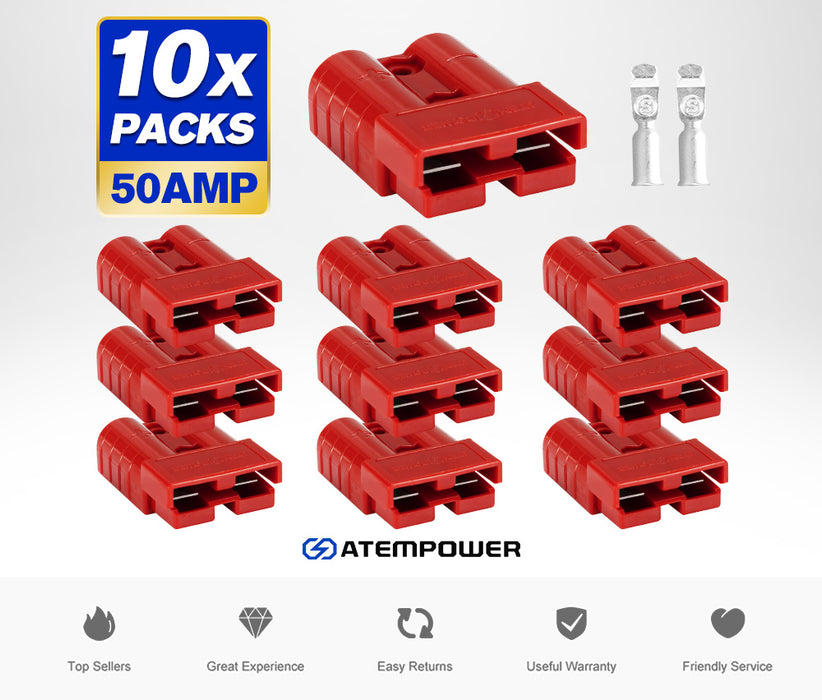 10Pcs Red Anderson Style Plug Connectors 50 Amp 12-24V 6Awg Dc Power