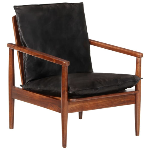 Armchair Black Real Leather And Solid Wood Acacia Tabkxx