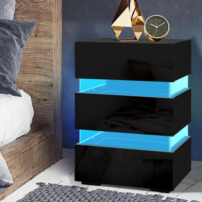 Artiss Bedside Table Side Unit Rgb Led Lamp 3 Drawers