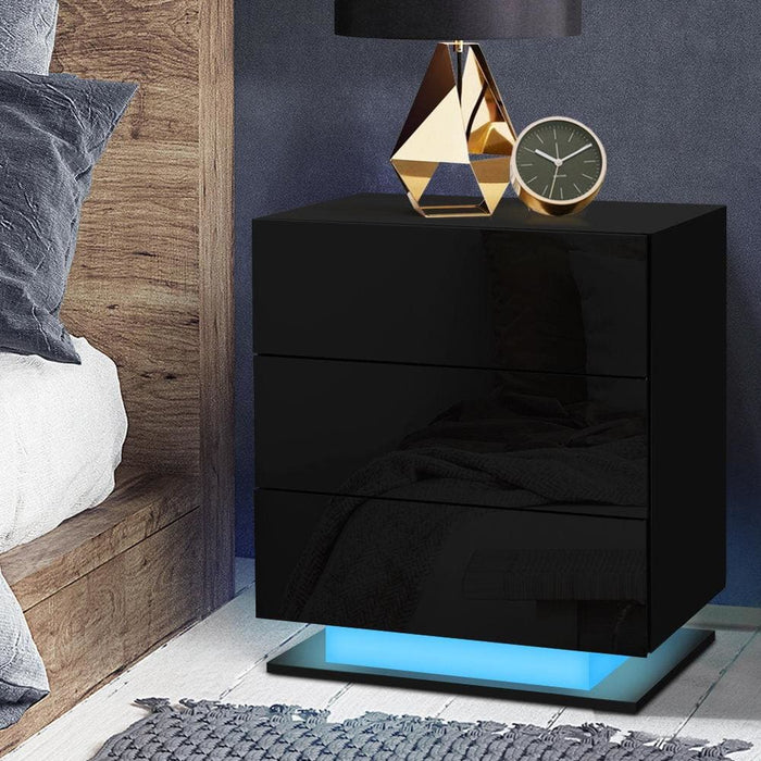 Artiss Bedside Tables Side Table Rgb Led Lamp 3 Drawers