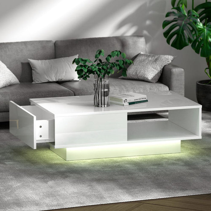 Artiss Coffee Table Led Lights High Gloss Storage Drawer