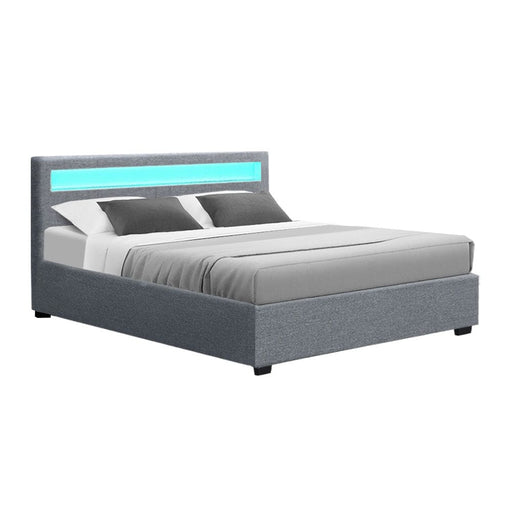 Artiss Cole Led Bed Frame Fabric Gas Lift Storage - Grey
