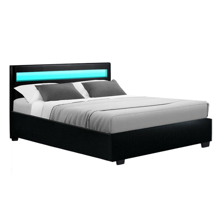 Artiss Cole Led Bed Frame Pu Leather Gas Lift Storage