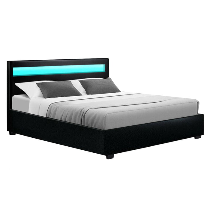 Artiss Cole Led Bed Frame Pu Leather Gas Lift Storage