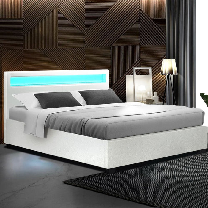 Artiss Cole Led Bed Frame Pu Leather Gas Lift Storage