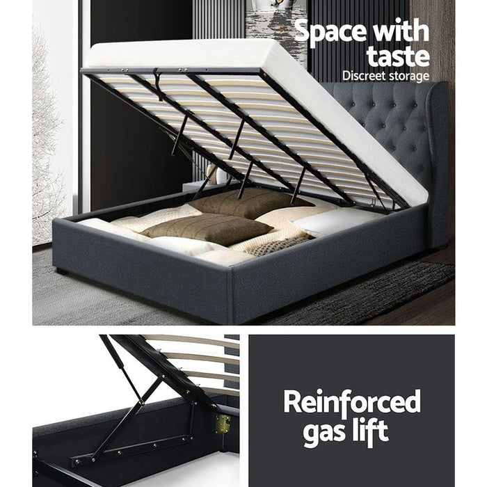 Artiss Issa Bed Frame Fabric Gas Lift Storage - Charcoal