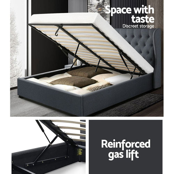 Artiss Issa Bed Frame Fabric Gas Lift Storage - Charcoal